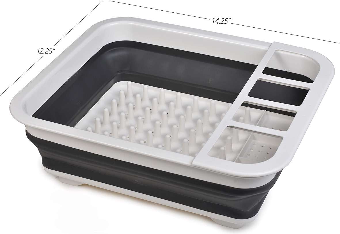 Masirs Pop-Up Collapsible Dish Drying Rack: Convenient Storage, Drains into Sink, Eight Large Plate Capacity, Sectional Cutlery and Utensil Compartment. Compact and Portable Design. - Image 2