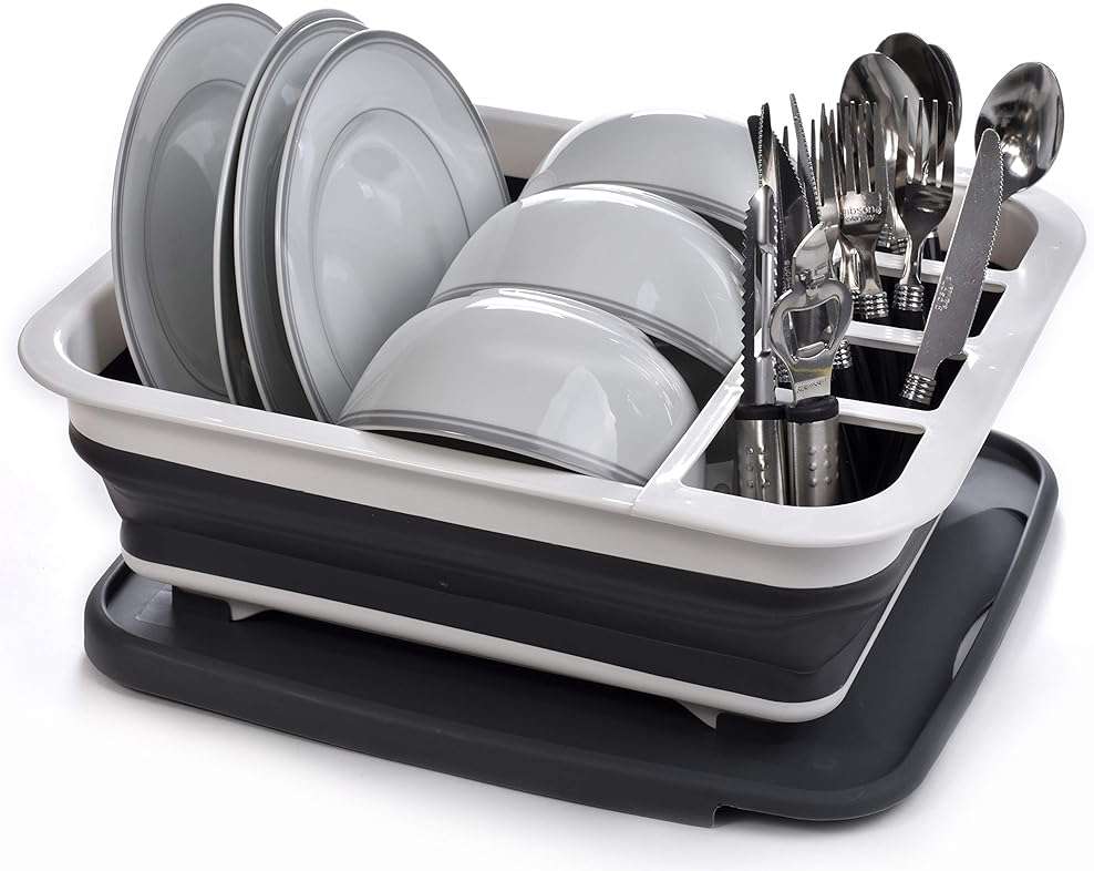 Masirs Pop-Up Collapsible Dish Drying Rack: Convenient Storage, Drains into Sink, Eight Large Plate Capacity, Sectional Cutlery and Utensil Compartment. Compact and Portable Design. - Image 7