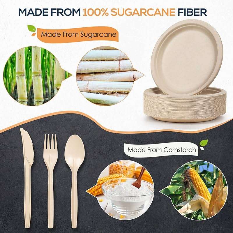 Gezond 250Pcs Disposable Paper Plates Set, Compostable Plate Sugarcane Utensils Eco Friendly Dinnerware Kit Includes 50 Biodegradable Plates, Forks, Knives and Spoons for Brithday Party Camping - Image 3
