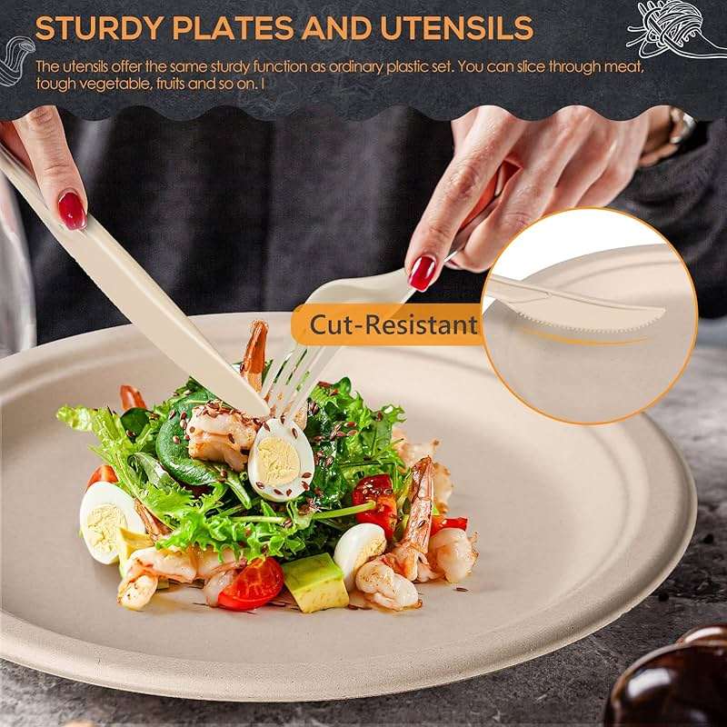 Gezond 250Pcs Disposable Paper Plates Set, Compostable Plate Sugarcane Utensils Eco Friendly Dinnerware Kit Includes 50 Biodegradable Plates, Forks, Knives and Spoons for Brithday Party Camping - Image 4