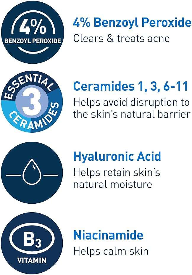 CeraVe Acne Foaming Cream Cleanser, 4% Benzoyl Peroxide Face Wash With Hyaluronic Acid, Niacinamide & Ceramides, Gentle Daily Acne Treatment For Face - Image 4