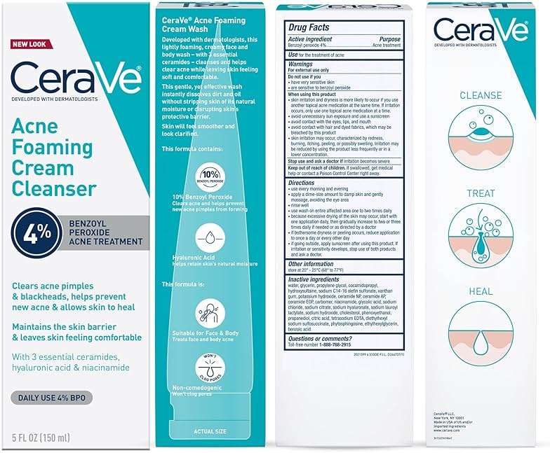 CeraVe Acne Foaming Cream Cleanser, 4% Benzoyl Peroxide Face Wash With Hyaluronic Acid, Niacinamide & Ceramides, Gentle Daily Acne Treatment For Face - Image 8