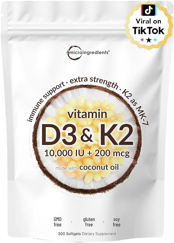 Micro Ingredients Vitamin D3 10,000 IU + K2 MK-7 200 mcg, 300 Softgels with Virgin Coconut Oil | 2-in-1 Vitamins D & K Complex | Extra Strength, Easy to Swallow, Non-GMO, Gluten Free - Product Image