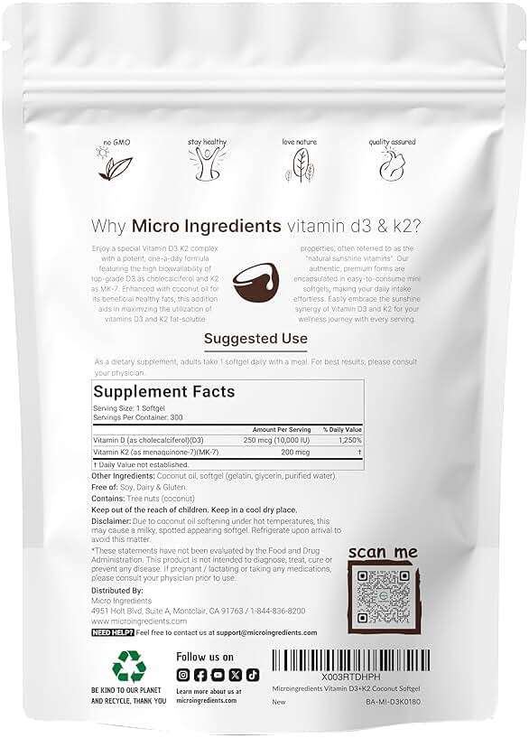 Micro Ingredients Vitamin D3 10,000 IU + K2 MK-7 200 mcg, 300 Softgels with Virgin Coconut Oil | 2-in-1 Vitamins D & K Complex | Extra Strength, Easy to Swallow, Non-GMO, Gluten Free - Image 4