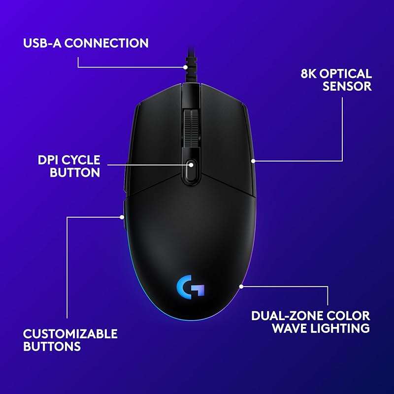 Logitech G203 Wired Gaming Mouse, 8,000 DPI, Rainbow Optical Effect LIGHTSYNC RGB, 6 Programmable Buttons, On-Board Memory, Screen Mapping, PC/Mac Computer and Laptop Compatible - Black - Image 6