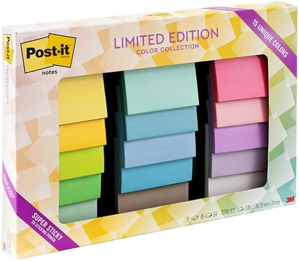 Post-it Super Sticky Notes, 15 Sticky Notes Pads, 3 x 3 in., School Supplies and Office Supplies, 2X the Sticking Power, Assorted Brights - Product Image