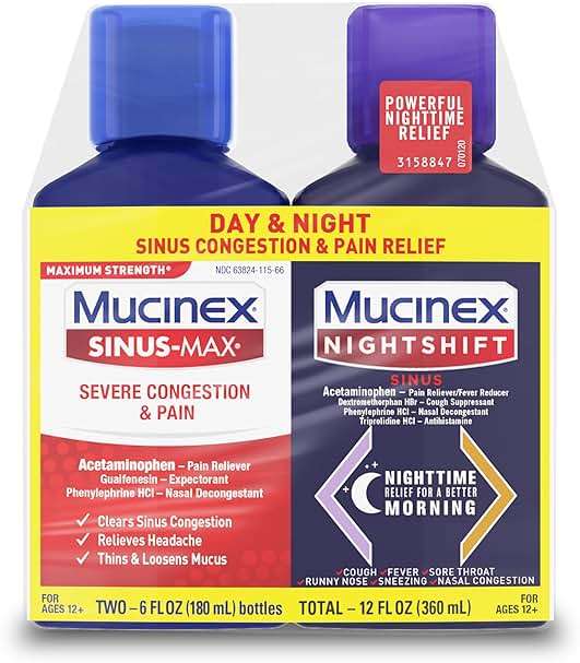 Mucinex Maximum Strength Sinus-Max Severe Congestion & Pain + Nightshift Sinus Liquid, Cold and Flu Medicine for Adults, Over-the-Counter Medication for Multi-Symptom Relief, 2x6 Fl Oz - Image 1