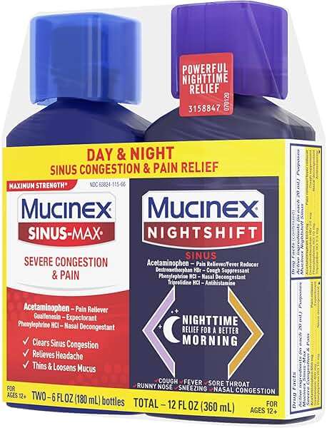 Mucinex Maximum Strength Sinus-Max Severe Congestion & Pain + Nightshift Sinus Liquid, Cold and Flu Medicine for Adults, Over-the-Counter Medication for Multi-Symptom Relief, 2x6 Fl Oz - Image 16