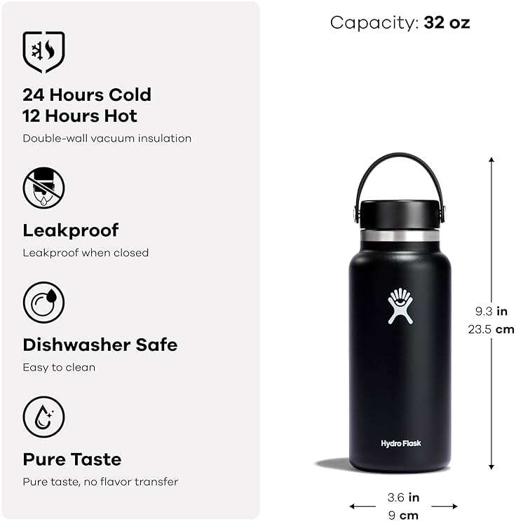 Hydro Flask Water Bottle - Insulated Stainless Steel - Wide Mouth Flex Lid, Non Spill, Leakproof and Refillable in 32 Oz Black - Image 3