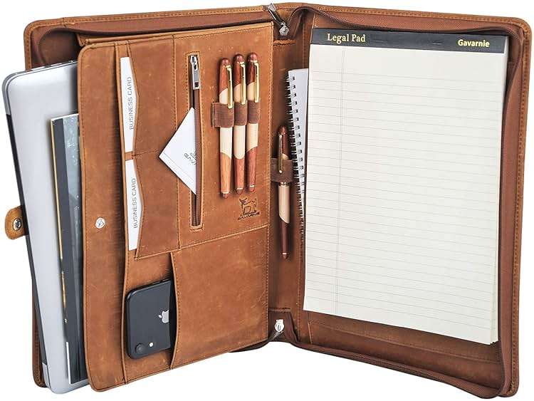 Gavarnie Genuine Leather Business Portfolio Padfolio Folder with Zipper for Men, Men's Leather Padfolio Folder for 13" Laptop, Business Portfolio for Letter Size Notepad, Graduation Gift,Brown - Image 1