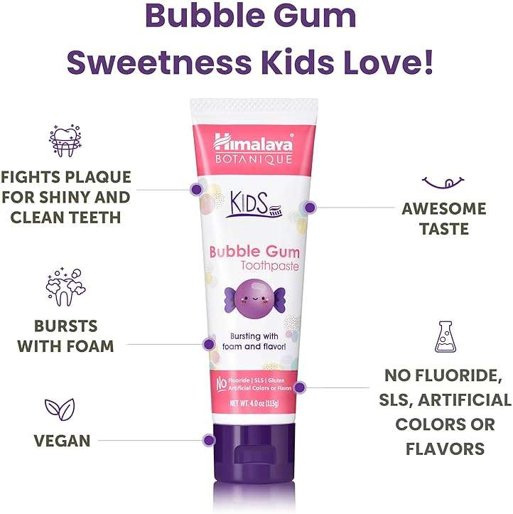 Himalaya Botanique Kids Toothpaste with Xylitol, Bubble Gum Flavor - Gentle Fluoride Free Toothpaste - Vegan, Gluten Free, SLS Free, No Artificial Flavors or Colors, 4 oz - Image 3