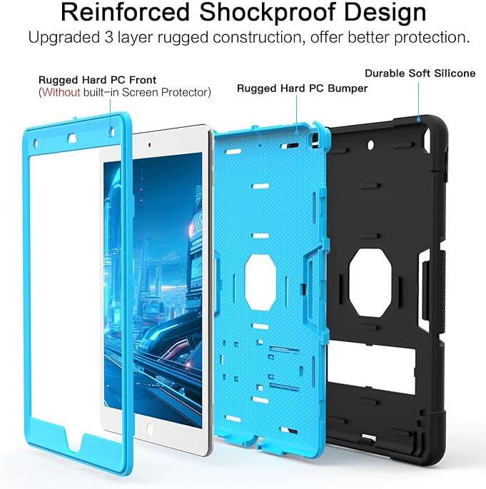 Cantis Case for iPad 9th/8th/7th Generation, iPad 10.2 inch 2021/2020/2019, Slim Heavy Duty Shockproof Rugged Protective Case with Built-in Stand for Kids, 3 Layer Protective Cover, Black+Blue | Slim - Image 4