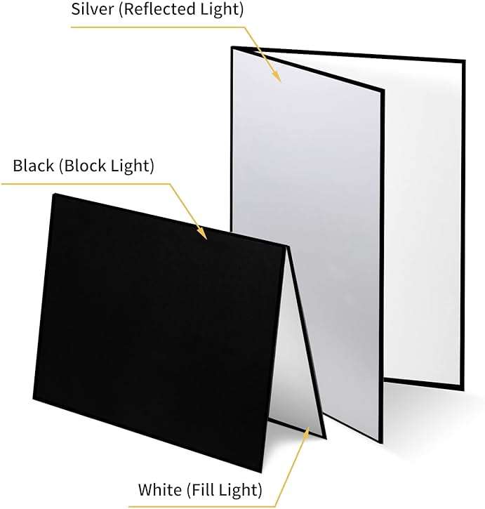 Meking 3 in 1 Photography Reflector Cardboard, 17 x 12 inches Folding Light Diffuser Board for Still Life, Product and Food Photo Shooting - Black, Silver and White, 2 Packs - Image 4