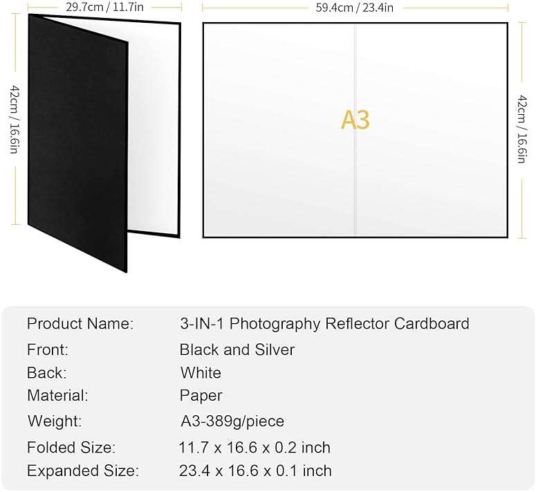 Meking 3 in 1 Photography Reflector Cardboard, 17 x 12 inches Folding Light Diffuser Board for Still Life, Product and Food Photo Shooting - Black, Silver and White, 2 Packs - Image 7