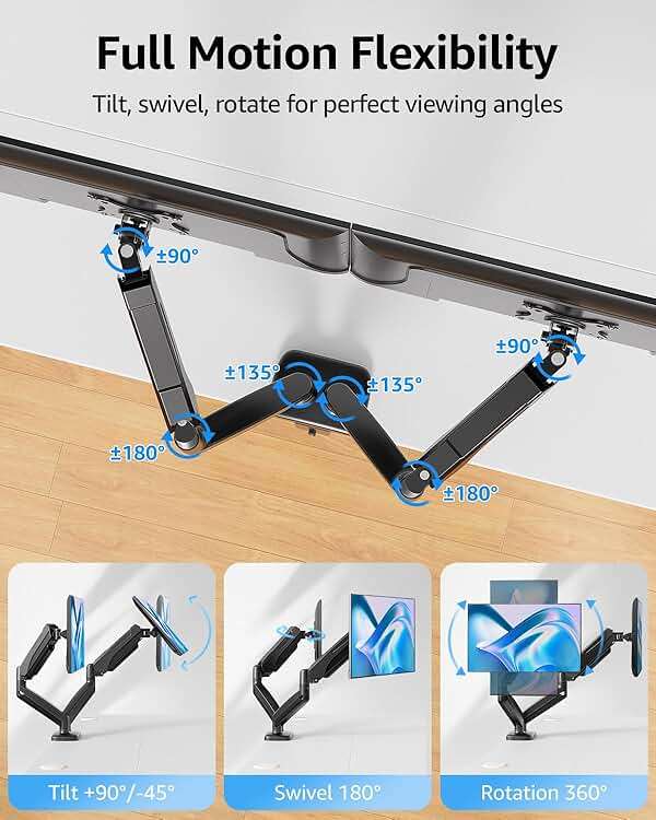 MOUNTUP Dual Monitor Stand for Desk, Monitor Arms for 2 Monitors 32 27 24 22 Inches, Height Adjustable Double Monitor Mount, VESA Mount with C-Clamp & Grommet Base, Holds 4.4-17.6lbs - Image 4
