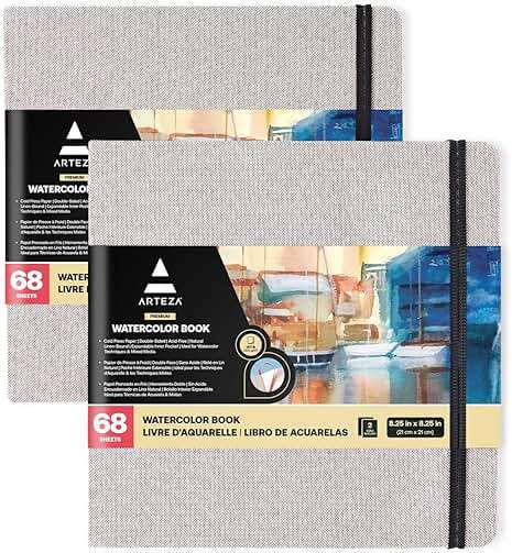 ARTEZA Watercolor Sketchbooks, Pack of 2, 8.25 x 8.25 Inches, 68 Pages Each, 110 lb / 230 GSM, Cold Press, Dual-Sided, Acid-Free Linen-Bound Hardcover Books for Watercolor and Mixed Media - Image 1