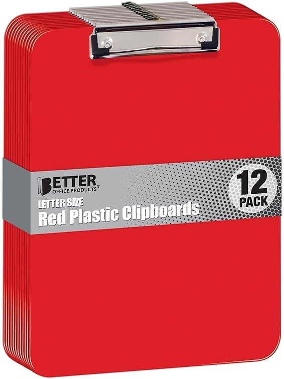 Better Office Products Red Plastic Clipboards, 12 Pack, Durable, 12.5 x 9 Inch, Low Profile Clip, Red, Set of 12 - Product Image