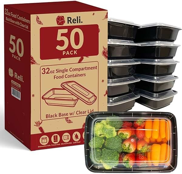 Reli. Meal Prep Containers (50 Pack, 32 oz.) | 1 Compartment Food Containers with Lids | Microwavable Freezer Dishwasher Safe - Bento Box - Product Image