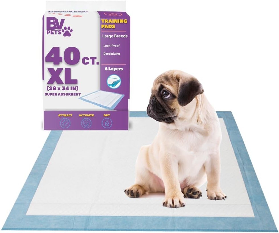 BV Puppy Pads XL 40 Count 34"x28" - Leak-Proof Pee Pads for Dogs with 6-Layer Design, Rapid Dry Sheet & Attractant - Dog Pad Extra Large with Odor Control - Perfect for Big Dogs & Indoor Use - Product Image
