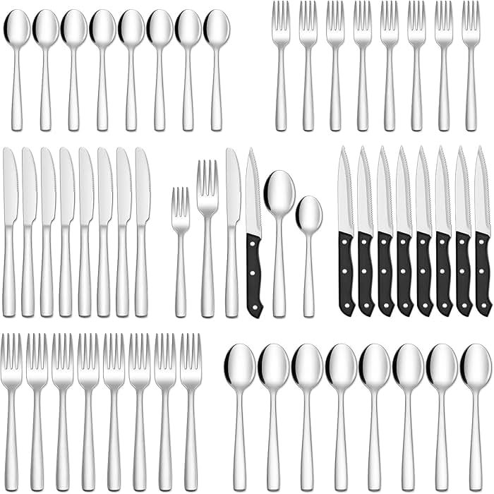 HIWARE 48-Piece Silverware Set with Steak Knives for 8, 18/8 Stainless Steel Flatware Cutlery Set For Home Kitchen Restaurant Hotel, Kitchen Utensils Set, Mirror Polished, Dishwasher Safe - Product Image