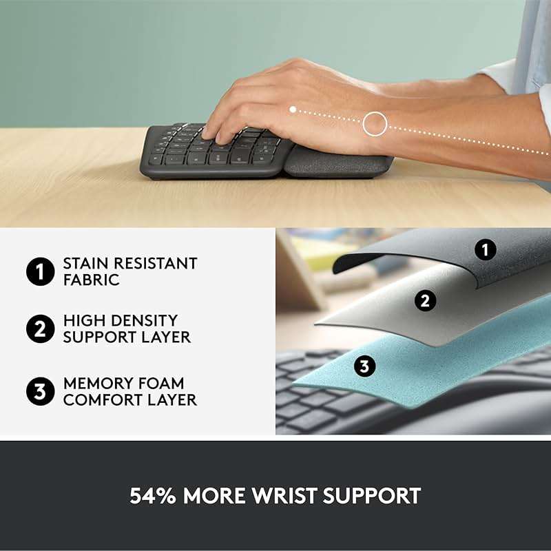 Logitech Ergo K860 Wireless Ergonomic Keyboard - Split Keyboard, Wrist Rest, Natural Typing, Stain-Resistant Fabric, Bluetooth and USB Connectivity, Compatible with Windows/Mac, Black - Image 4