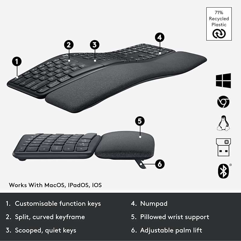 Logitech Ergo K860 Wireless Ergonomic Keyboard - Split Keyboard, Wrist Rest, Natural Typing, Stain-Resistant Fabric, Bluetooth and USB Connectivity, Compatible with Windows/Mac, Black - Image 6