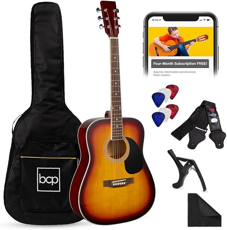 Best Choice Products 41in Full Size Beginner All Wood Acoustic Guitar Starter Set w/Gig Bag, Strap, Capo, Strings, Picks - Sunburst - Product Image