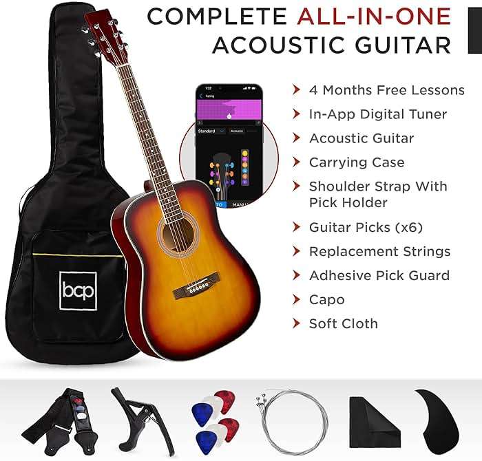 Best Choice Products 41in Full Size Beginner All Wood Acoustic Guitar Starter Set w/Gig Bag, Strap, Capo, Strings, Picks - Sunburst - Image 3