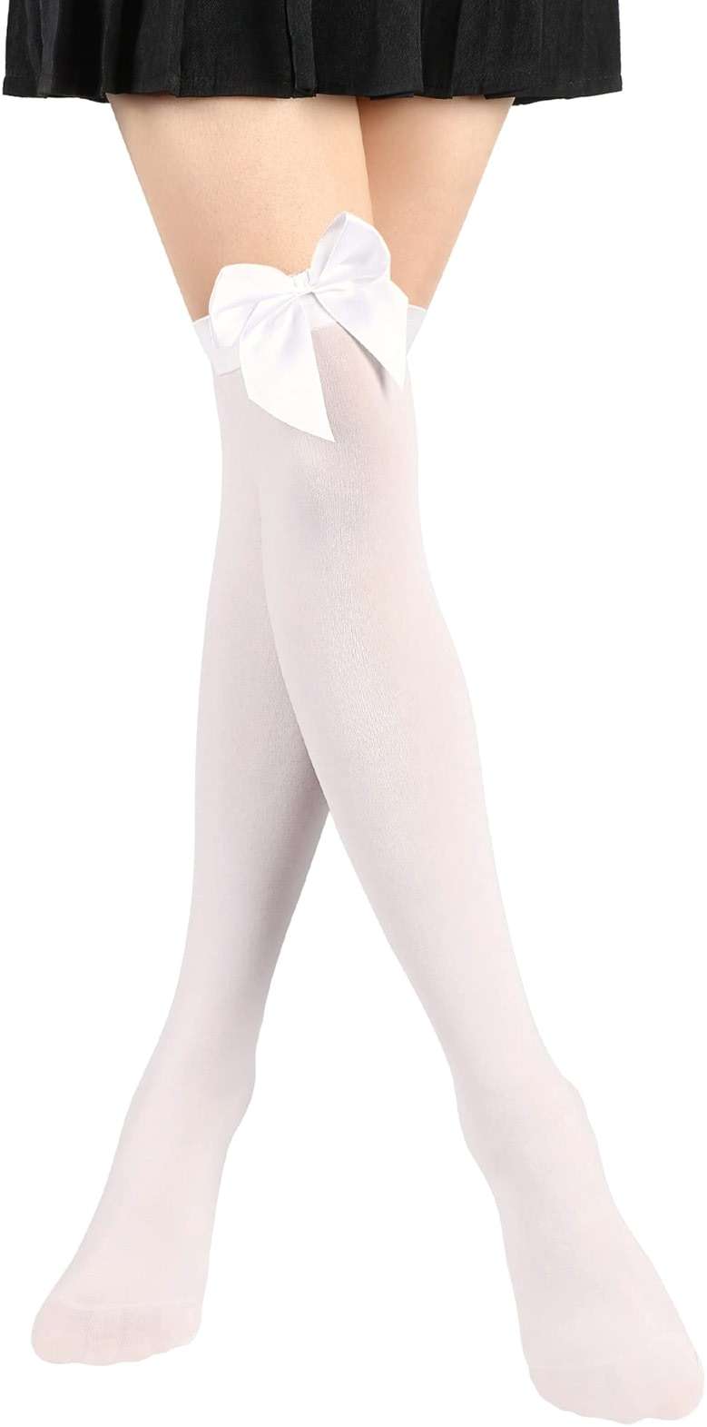 SATINIOR Knee High Socks with Bow White Stockings Black Stockings Women Thigh High Socks - Image 1