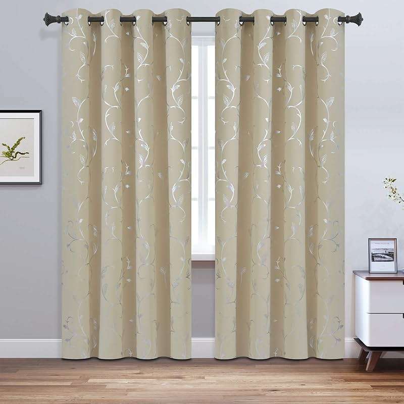 BUHUA Wave Floral Vine Print Blackout Curtains for Living Room Darkening Curtains Print Pattern Light Blocking Curtains for Bedroom 52W×84L Beige 2 Panels - Image 2