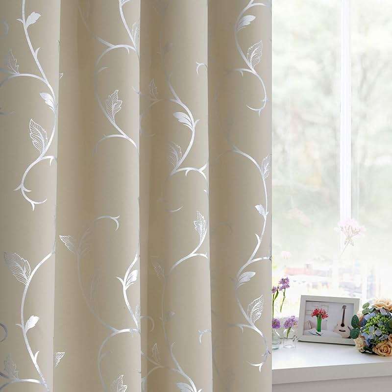 BUHUA Wave Floral Vine Print Blackout Curtains for Living Room Darkening Curtains Print Pattern Light Blocking Curtains for Bedroom 52W×84L Beige 2 Panels - Image 4