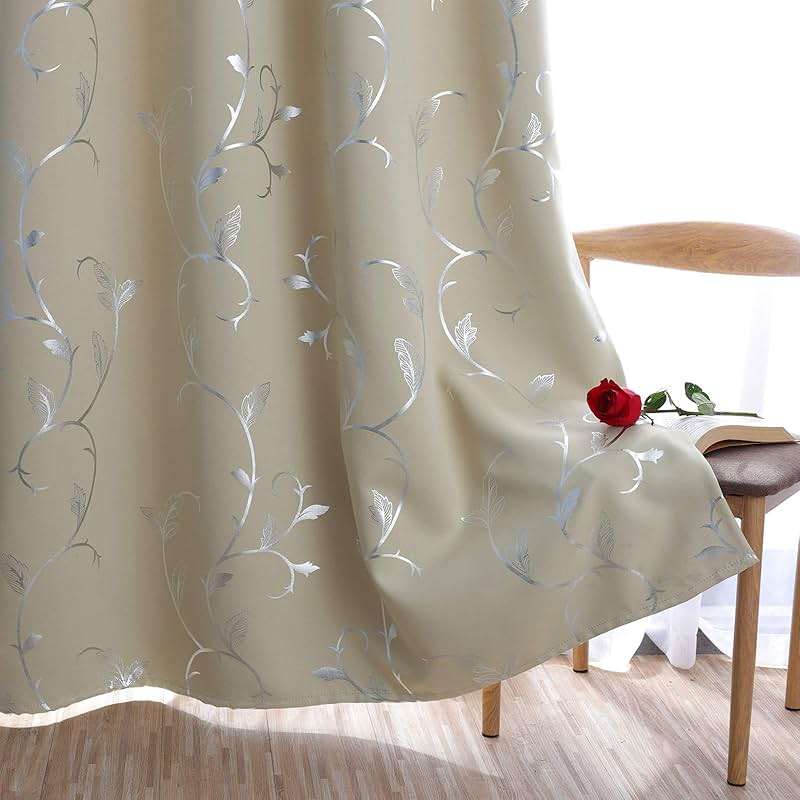 BUHUA Wave Floral Vine Print Blackout Curtains for Living Room Darkening Curtains Print Pattern Light Blocking Curtains for Bedroom 52W×84L Beige 2 Panels - Image 5