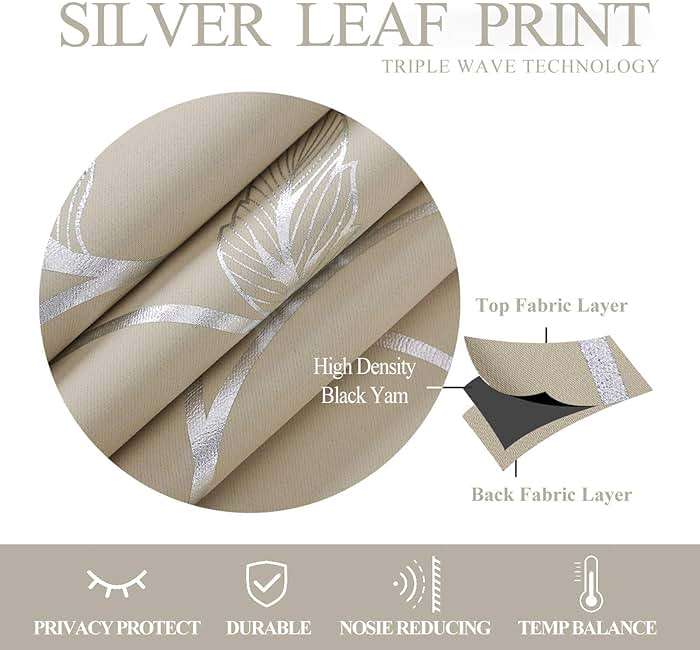 BUHUA Wave Floral Vine Print Blackout Curtains for Living Room Darkening Curtains Print Pattern Light Blocking Curtains for Bedroom 52W×84L Beige 2 Panels - Image 7