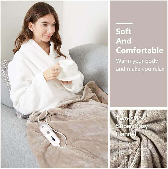 Tefici Heated Blanket Throw 50"x60", Ultra Soft 2-Layer Flannel Electric Blanket, for Home Office Sofa,3 Heat Settings, 4H Auto Off, ETL FCC Certified, Overheat Protection, Machine Washable, Camel - Image 7