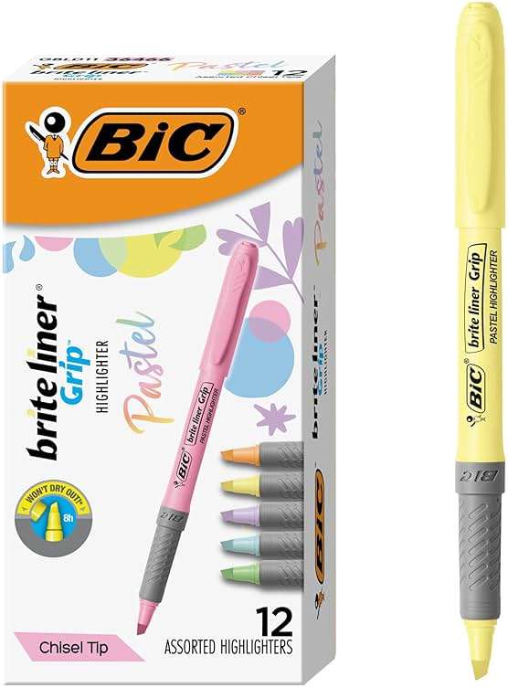 BIC Brite Liner Grip Pastel Highlighter Set, Chisel Tip, 12-Count Pack of Pastel Highlighters in Assorted Colors, Cute Highlighters for Bullet Journaling, Note Taking and More - Image 1
