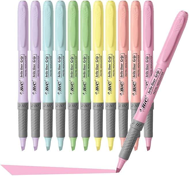 BIC Brite Liner Grip Pastel Highlighter Set, Chisel Tip, 12-Count Pack of Pastel Highlighters in Assorted Colors, Cute Highlighters for Bullet Journaling, Note Taking and More - Image 3