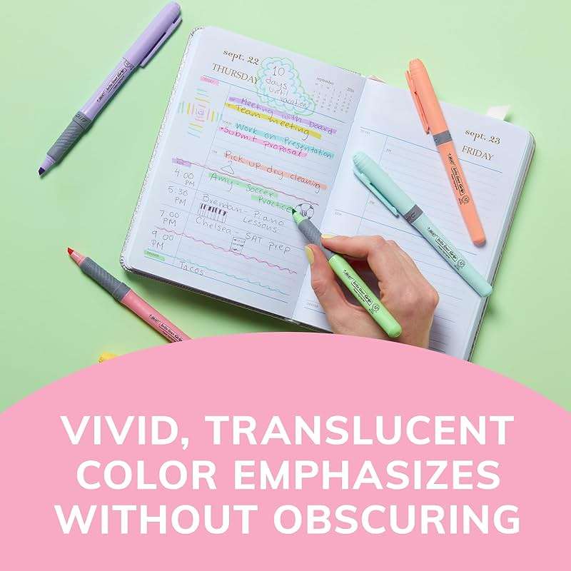 BIC Brite Liner Grip Pastel Highlighter Set, Chisel Tip, 12-Count Pack of Pastel Highlighters in Assorted Colors, Cute Highlighters for Bullet Journaling, Note Taking and More - Image 7