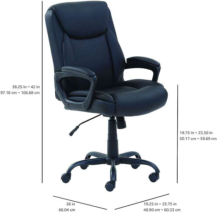 Amazon Basics Classic Puresoft PU Padded Mid-Back Office Desk Chair with Armrest, Easy Assembly, Sturdy Metal Base, Wheels, 275lb Support, 26"D x 23.75"W x 42"H, Black - Image 3