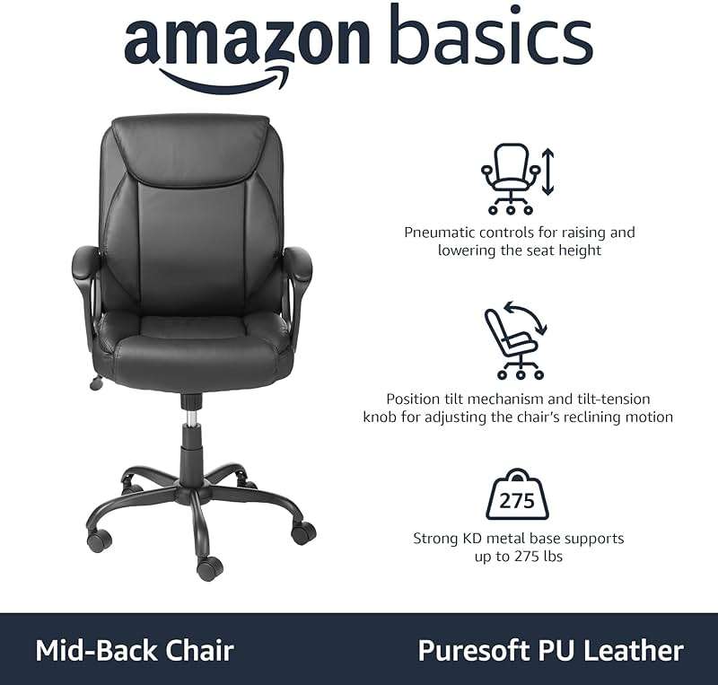 Amazon Basics Classic Puresoft PU Padded Mid-Back Office Desk Chair with Armrest, Easy Assembly, Sturdy Metal Base, Wheels, 275lb Support, 26"D x 23.75"W x 42"H, Black - Image 4
