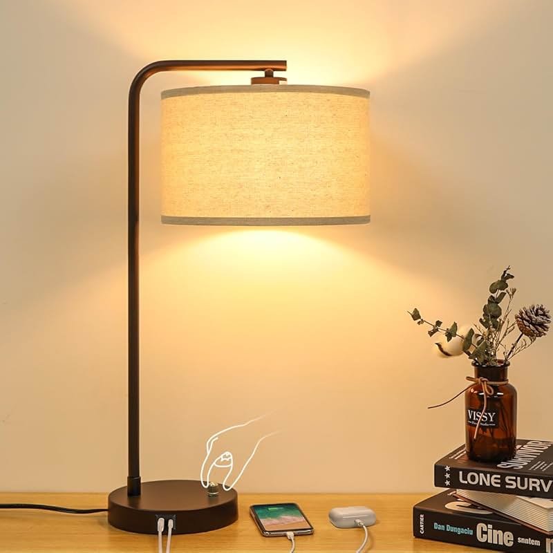 25" Tall Table Lamp with USB C+A Ports, Fully Stepless Dimmable Modern Minimalist Bedside Nightstand Lamp, Reading Desk Lamp for Bedroom, Living Room, Study Room, Office, 9W 3000K LED Bulb Included - Product Image