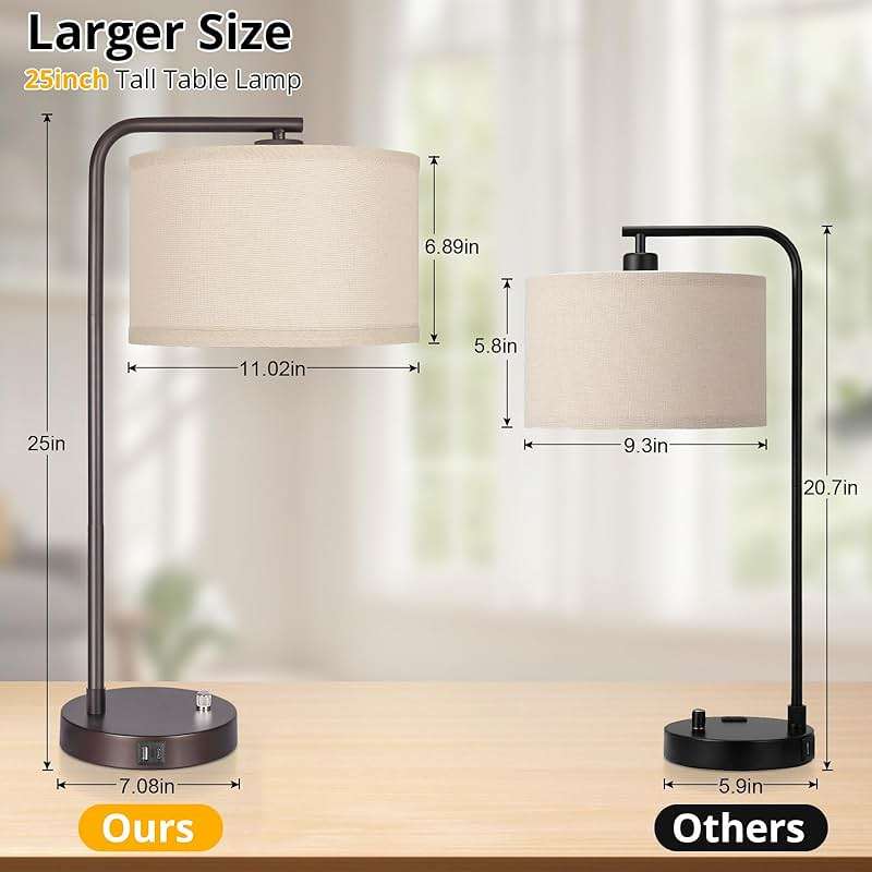 25" Tall Table Lamp with USB C+A Ports, Fully Stepless Dimmable Modern Minimalist Bedside Nightstand Lamp, Reading Desk Lamp for Bedroom, Living Room, Study Room, Office, 9W 3000K LED Bulb Included - Image 2