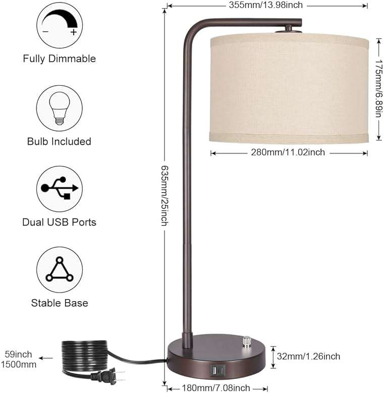 25" Tall Table Lamp with USB C+A Ports, Fully Stepless Dimmable Modern Minimalist Bedside Nightstand Lamp, Reading Desk Lamp for Bedroom, Living Room, Study Room, Office, 9W 3000K LED Bulb Included - Image 3