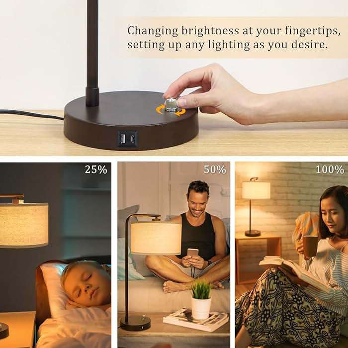 25" Tall Table Lamp with USB C+A Ports, Fully Stepless Dimmable Modern Minimalist Bedside Nightstand Lamp, Reading Desk Lamp for Bedroom, Living Room, Study Room, Office, 9W 3000K LED Bulb Included - Image 6
