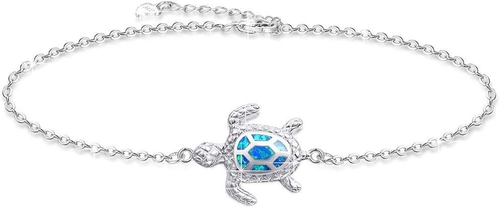 PUPILLEMON Blue Opal Sea Turtle Ankle Bracelet Sterling Silver Anklet Fine Jewelry For Women Gifts (Large Bracelet) - Image 1