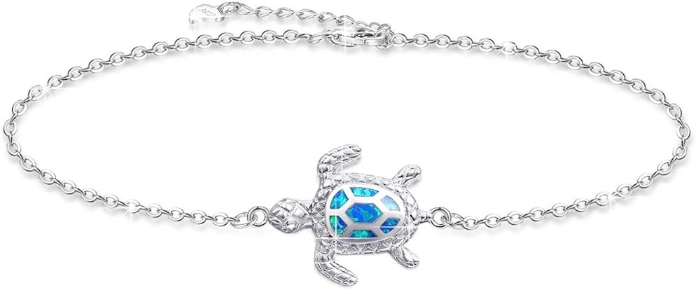PUPILLEMON Blue Opal Sea Turtle Ankle Bracelet Sterling Silver Anklet Fine Jewelry For Women Gifts (Large Bracelet) - Product Image