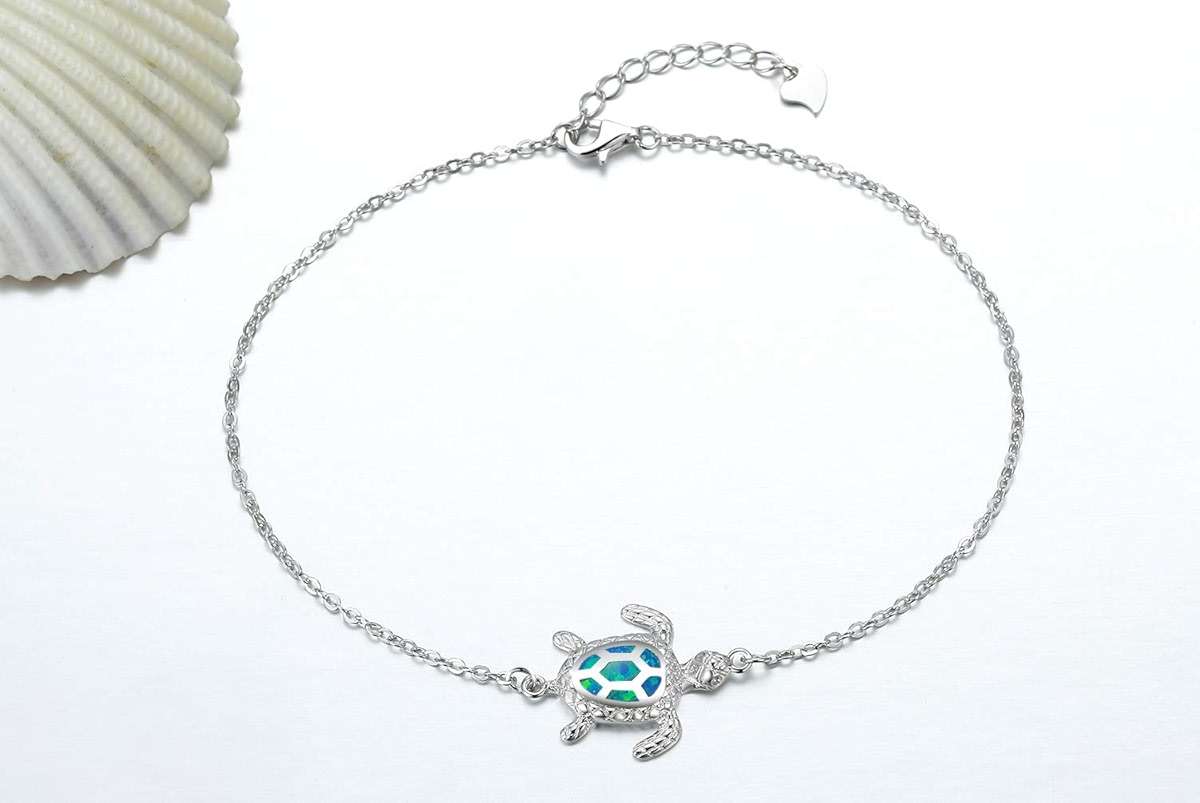 PUPILLEMON Blue Opal Sea Turtle Ankle Bracelet Sterling Silver Anklet Fine Jewelry For Women Gifts (Large Bracelet) - Image 2
