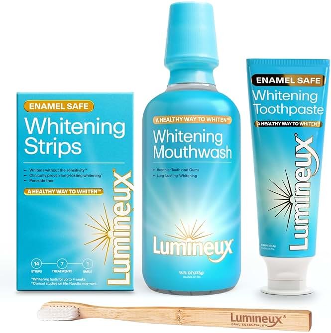 Lumineux Teeth Whitening Kit Peroxide Free Enamel Safe for Whiter Teeth Includes 7 Whitening Treatments, 1 Mouthwash, 1 Toothpaste & 1 Bamboo Toothbrush, Dentist Formulated - Product Image
