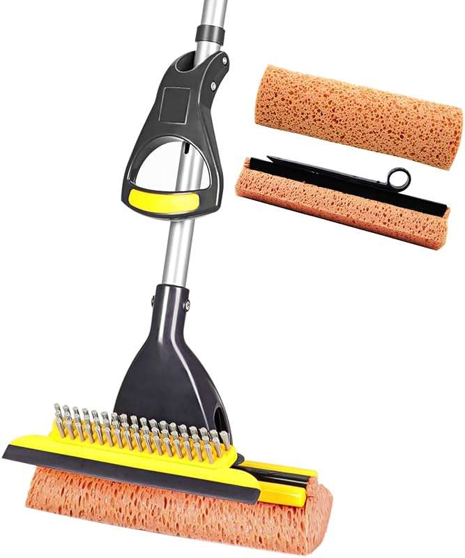 Yocada Sponge Mop Home Commercial Use Tile Floor Bathroom Garage Cleaning Total 2 Sponge Heads NOT 3 Telescopic Handle Squeegee from 42.5 to 52 Inches Easily Dry Wringing only 2 Heads - Image 1