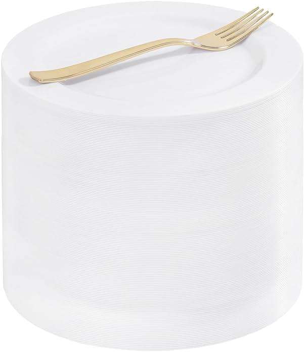 WELLIFE 100PCS White Plastic Dessert Plates and 100PCS Gold Disposable Forks, Premium Hard Dessert Plate 7.5”, Appetizer Plastic Plates for Party and Wedding - Image 1