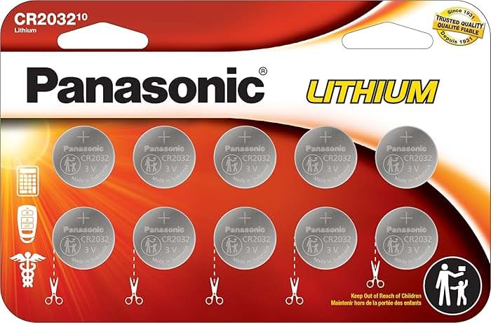 Panasonic CR2032 3.0 Volt Long Lasting Lithium Coin Cell Batteries in Child Resistant, Standards Based Packaging, 10 Pack - Product Image